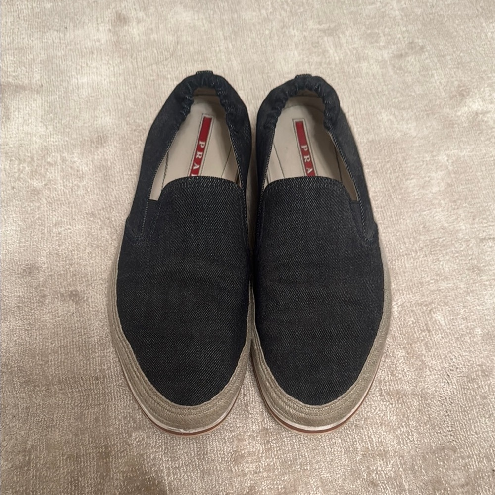 Prada Men's Black and Tan Slip-On Loafers